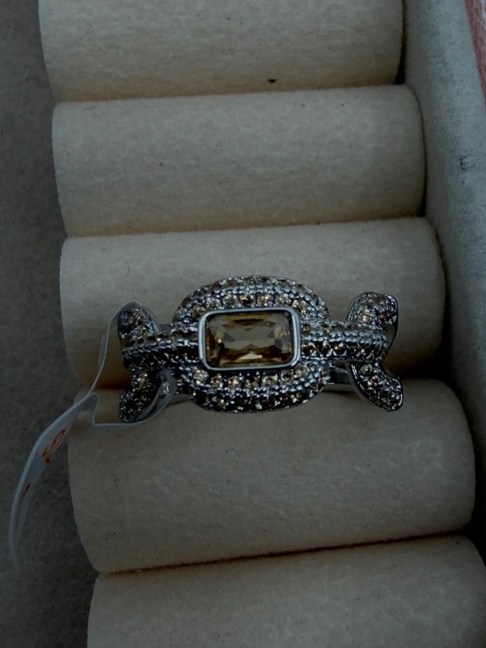 Silver-Tone Rectangular Citrine Halo Ring